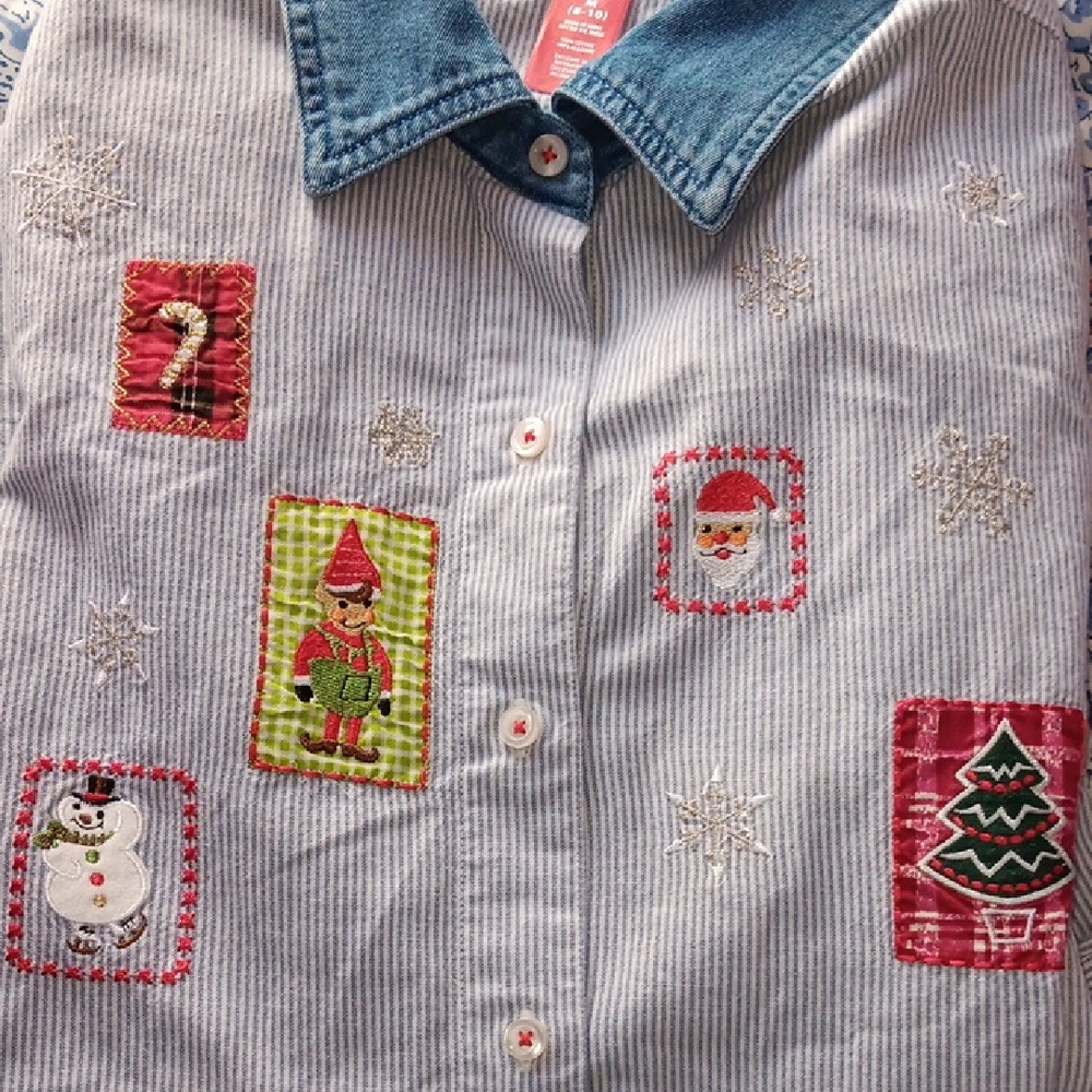 Striped Button-Up Shirt  Denim Collar & Christmas Embroidered Details Siz Medium